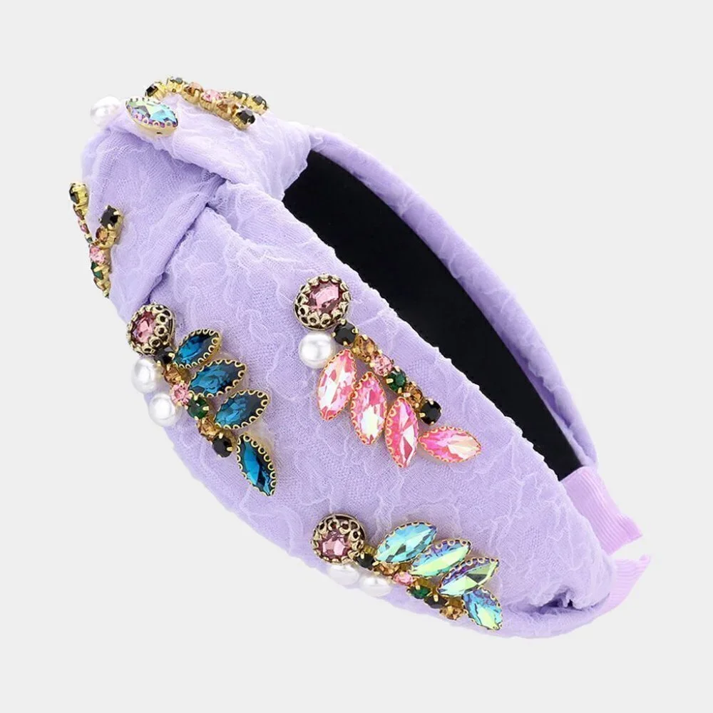 33. Lavender Lace Multi Stone and Pearls Knot Headband
